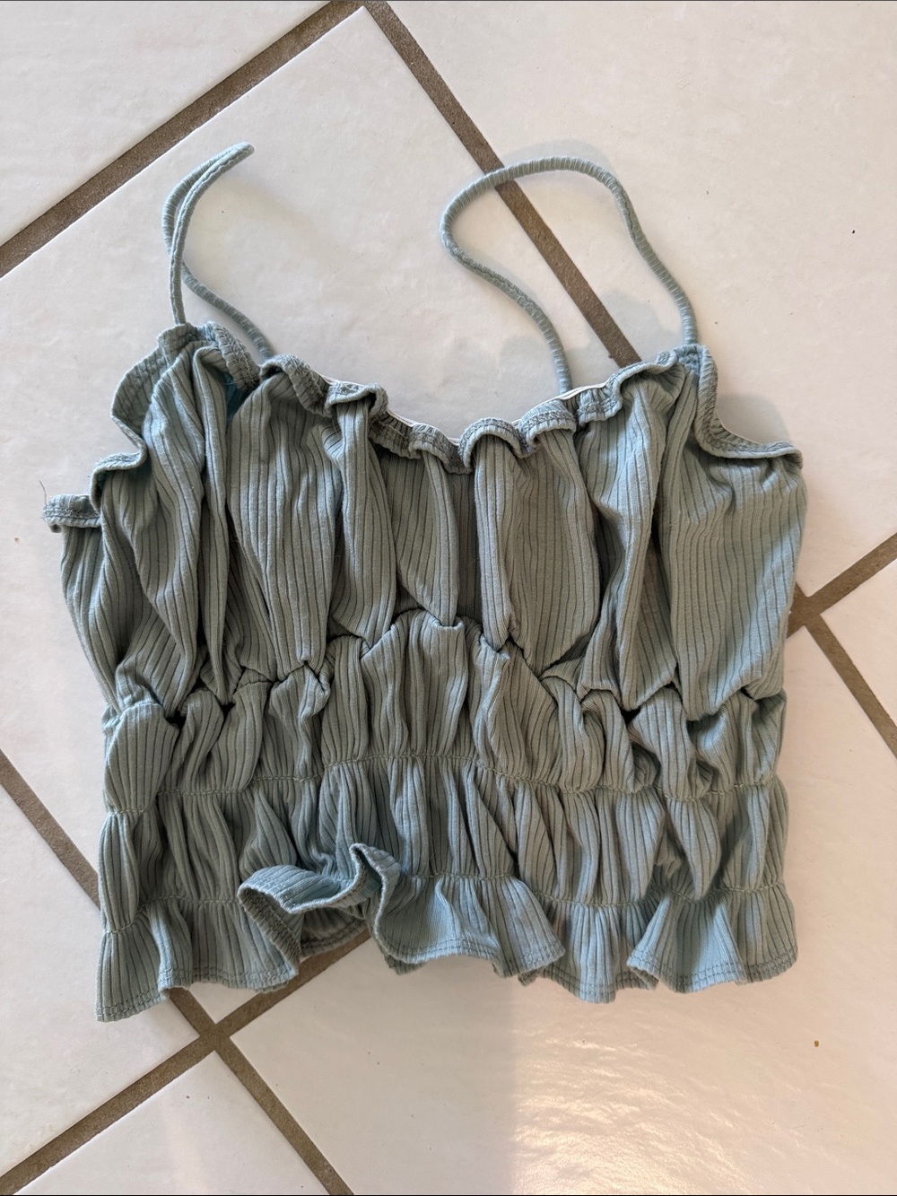 Reformation Sage Green Smocked Ribbed Spaghetti Strap Cami
